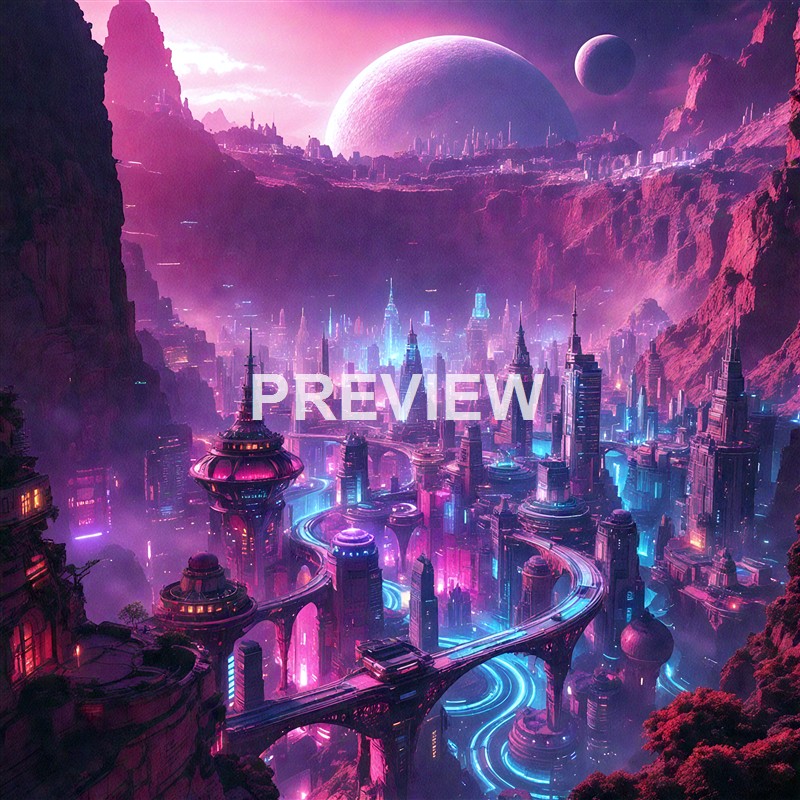 A futuristic cityscape with tall illuminated skyscrapers, winding glowing roads, and distant planets visible in a vibrant pink and purple sky.